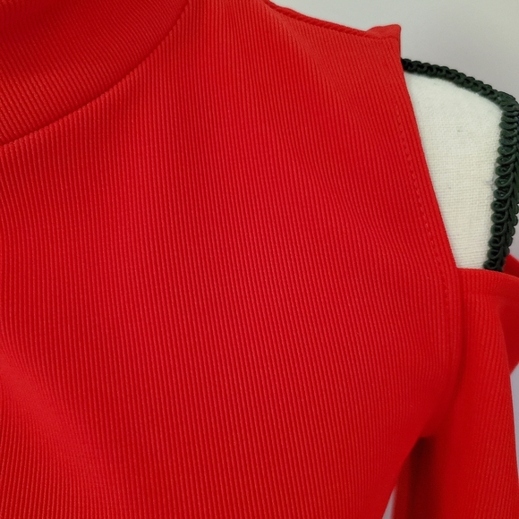 Express Ribbed Cold Shoulder Mock Neck Red Dress - Picture 4 of 10